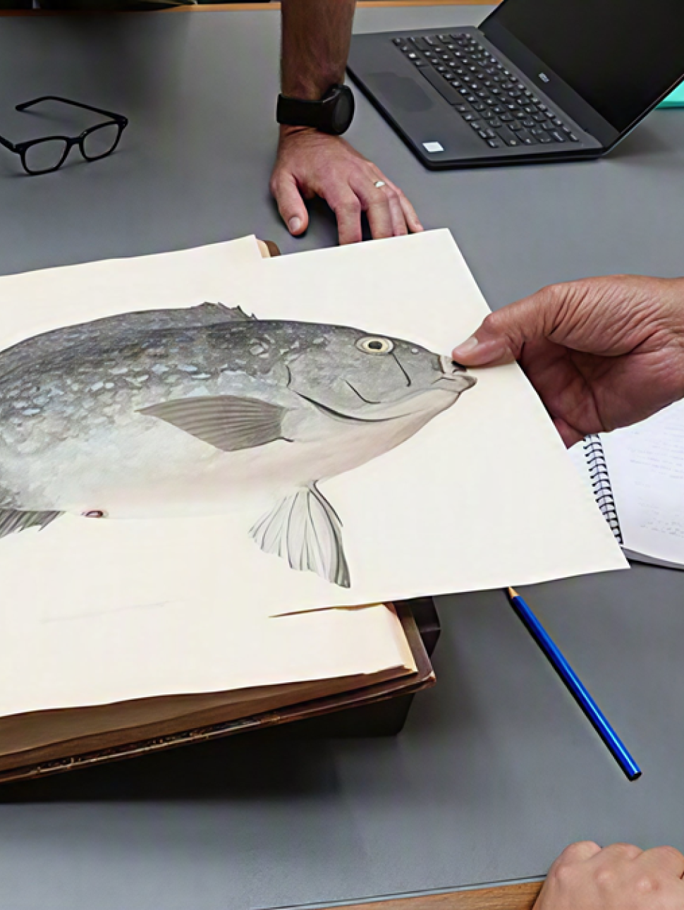 a book with illustrated drawings of fish with hands pointing to the drawings on the page 