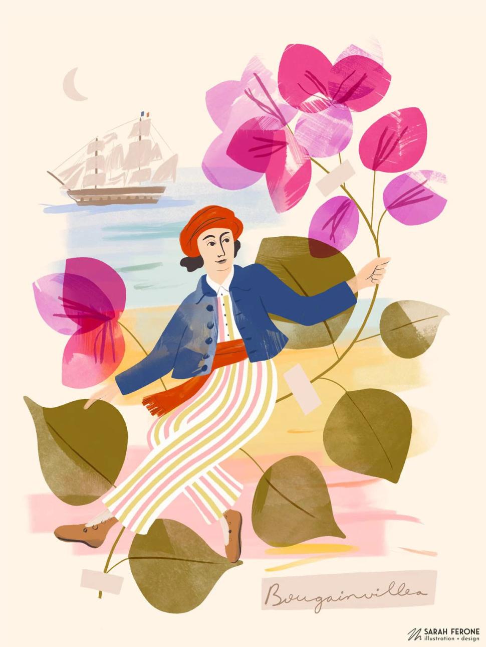 an illustrated image of a female presenting adult dressed in a few sailor outfits with a ship in the background 