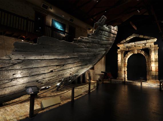 Reconstructed Batavia hull section and replica portico on display in the Batavia gallery at the WA Shipwrecks Museum