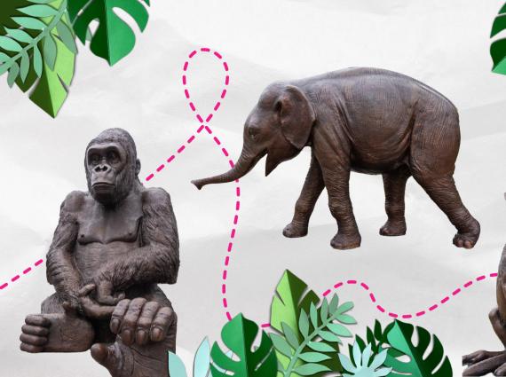 An image of four bronze statues of a gorilla, an elephant, a rock wallaby and a bear surrounded by green cartoon leaves and a pink dotted line like those of a map