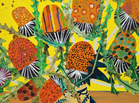 a brightly coloured artwork yellows oranges and green depict native wattle arrangement