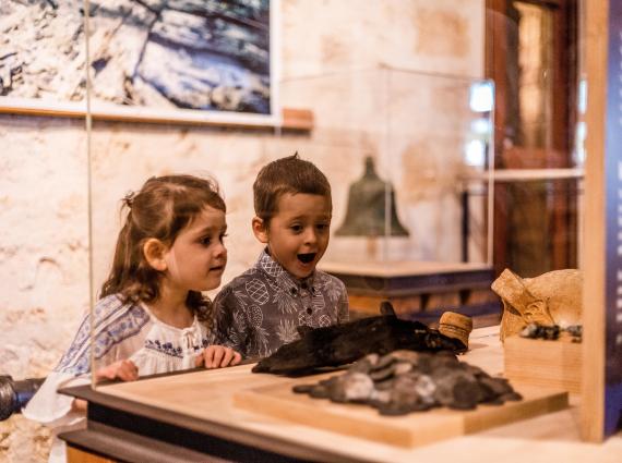 Two small children examining a museum exhibition behind a glass case