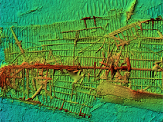 A colourful scan of an underwater shipwreck