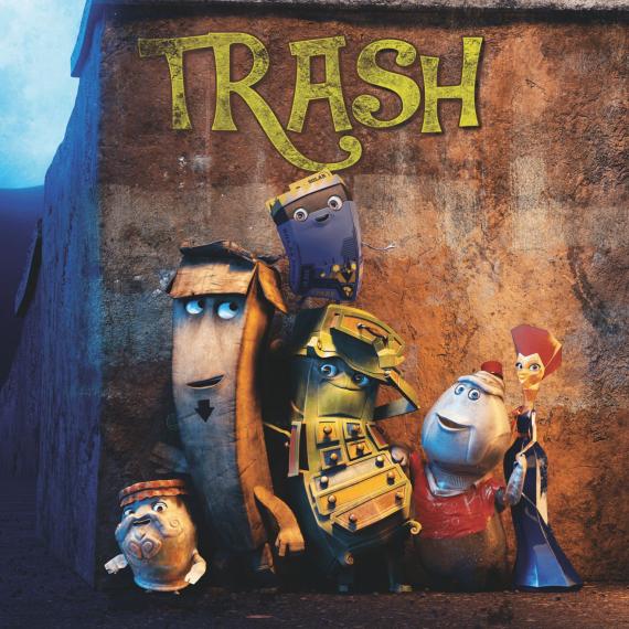 A poster for the 3D animated film Trash featuring the main characters standing in front of a wall in the moonlight