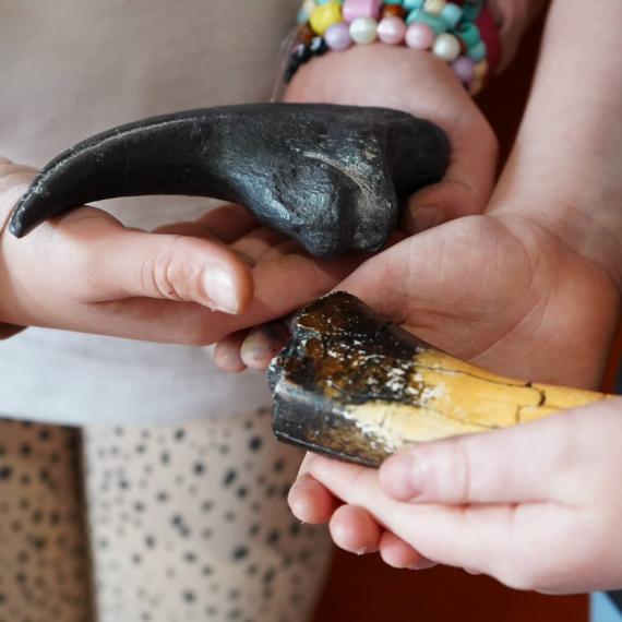 children hold museum objects in their hands