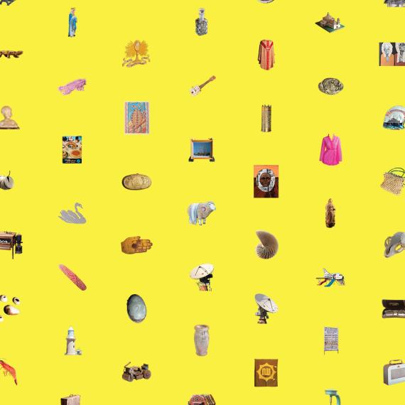 Collections objects from different museums arranged on a bright yellow background