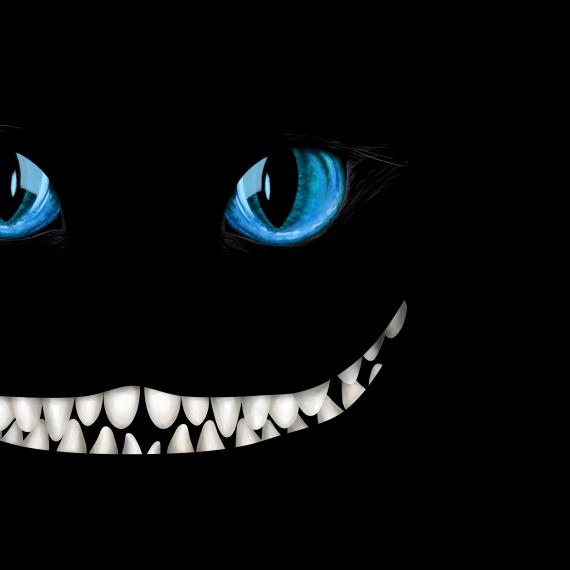 Cheshire cat smile on a black background with blue eyes 