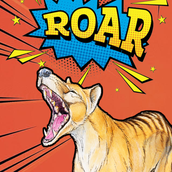 Graphic image of a dingo barking, with a roar word illustration in yellow and blue on a black and white polka-dot backdrop