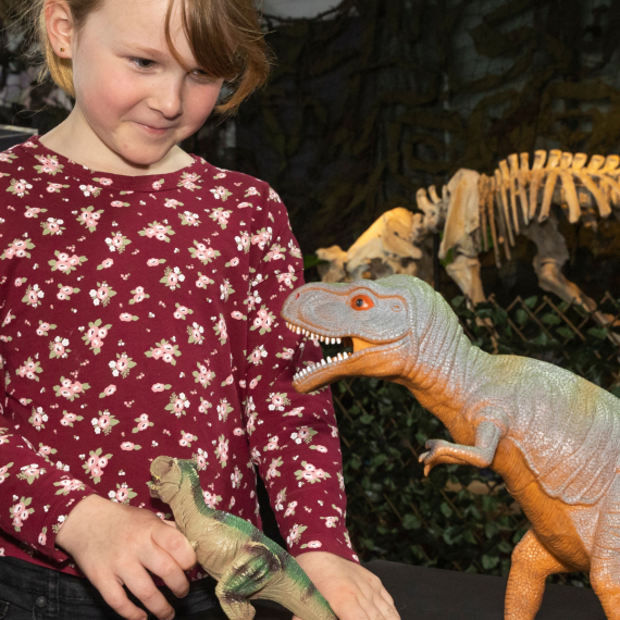 Image of a young girl wearing a polka-dot red and white dress and looking at a dinosaur figure on a black table.
