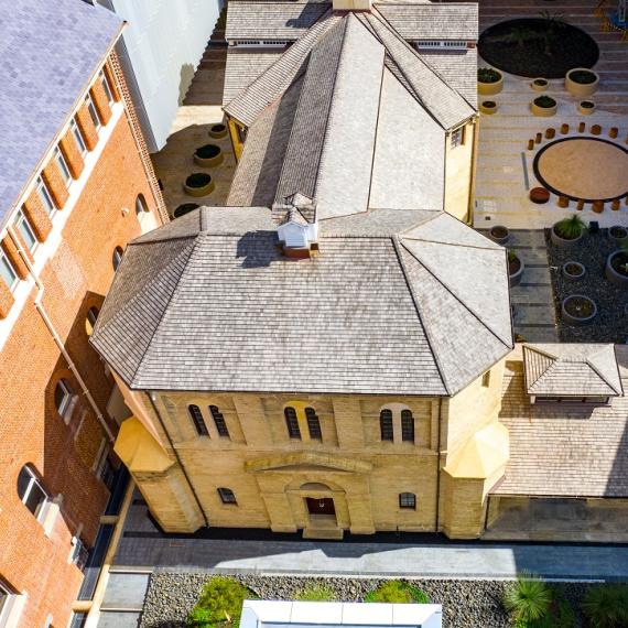 Aerial shot above of the Old Gaol building