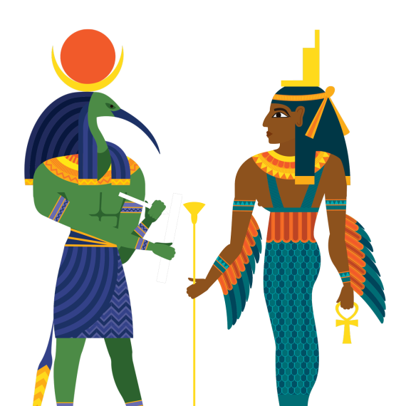 Ancient Egyptian gods in animated form. Coloured in greens, blues, ochres and yellow 