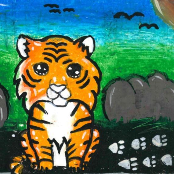 Painting of a bengal tiger with paw prints to the right