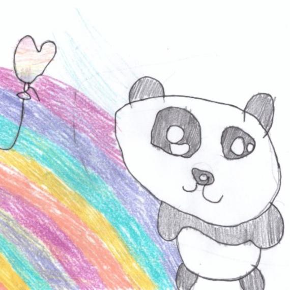 Drawing of a panda with a rainbow in coloured pencil