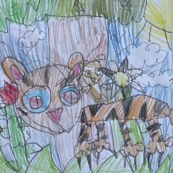 Drawing of a tiger using multicoloured pencils