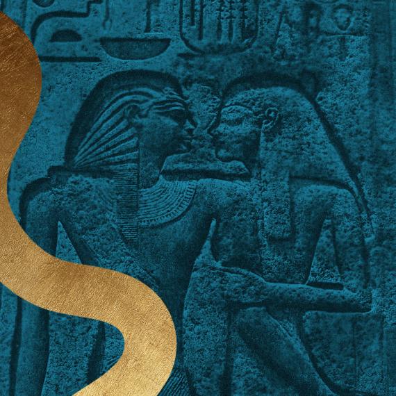 Close up on an egypt carving with blue treatment 