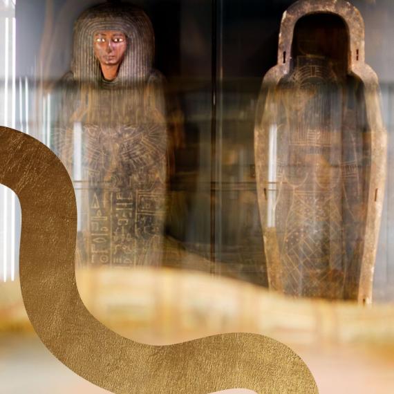 Egypt coffins standing up right in a display cabinet with a gold line texture pattern