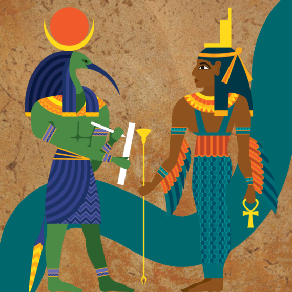 An illustration of two Egypt Gods facing one another, with a green line running through behind the image with a orange texture tone background. 