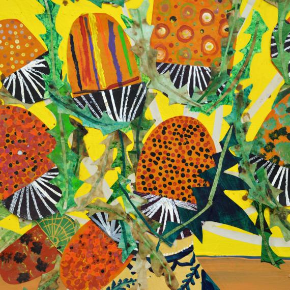 a brightly coloured artwork yellows oranges and green depict native wattle arrangement