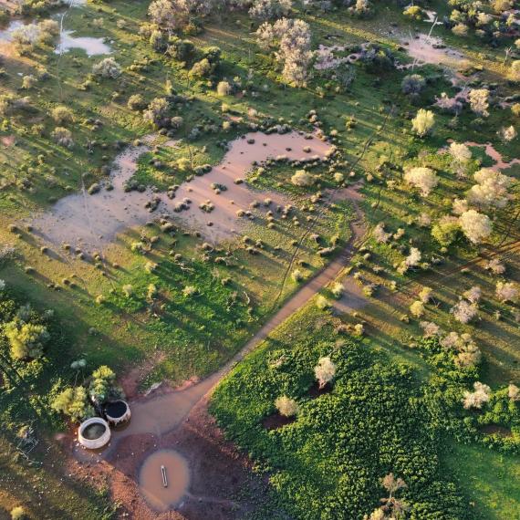 An aerial view of a rural Western Australian landscape showing large patches of green shubbery interspersed with swathes of red dirt and long puddles which shine a brown-pink in the low light of the day.