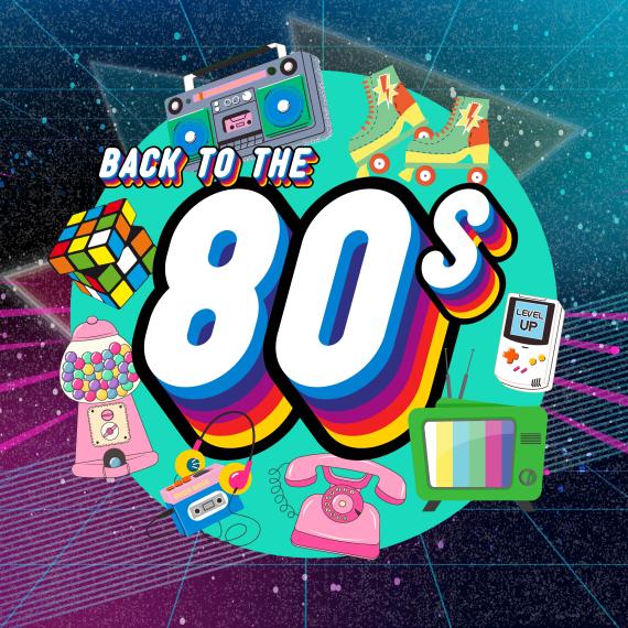 A graphic image for Back To The Eighties Game Show featuring iconic items such as Rubik's cube, gumball machine, classic rollerskates and more.