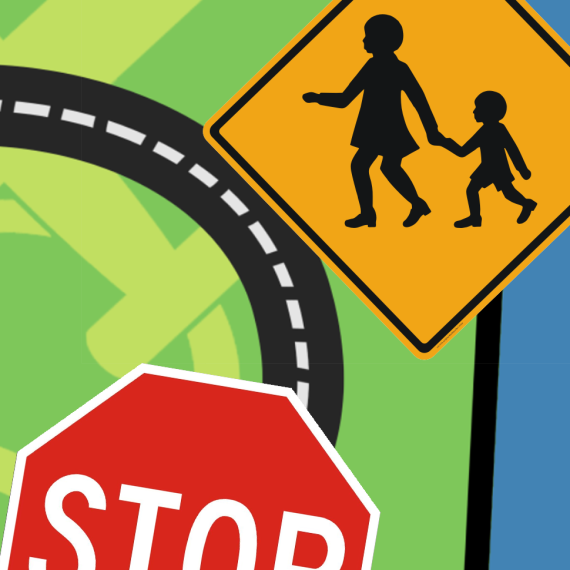 a collage of illustrated traffic signs on a road backdrop