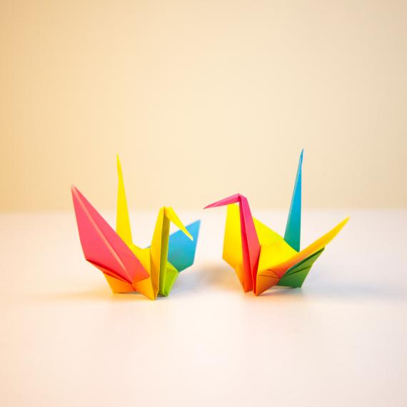 two multi coloured pieces of paper folded to look like a crane sit on a neutral coloured background