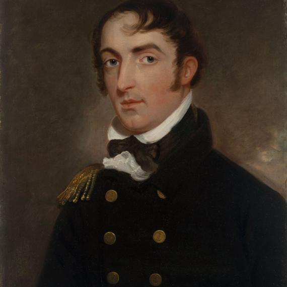 Old painting of a man looking at your without smiling, he has pale skin and dark hair and sideburns, wearing a high white collar and double breasted black jacket.  Painted against a brown background.