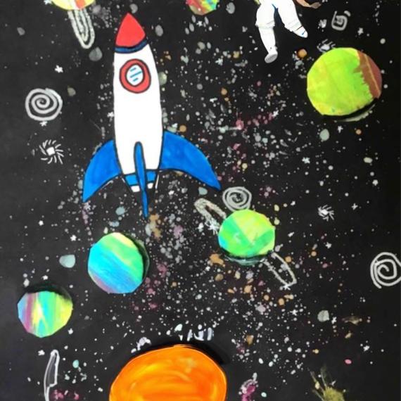 a drawing and painting of planets, rocket and astronaut in space