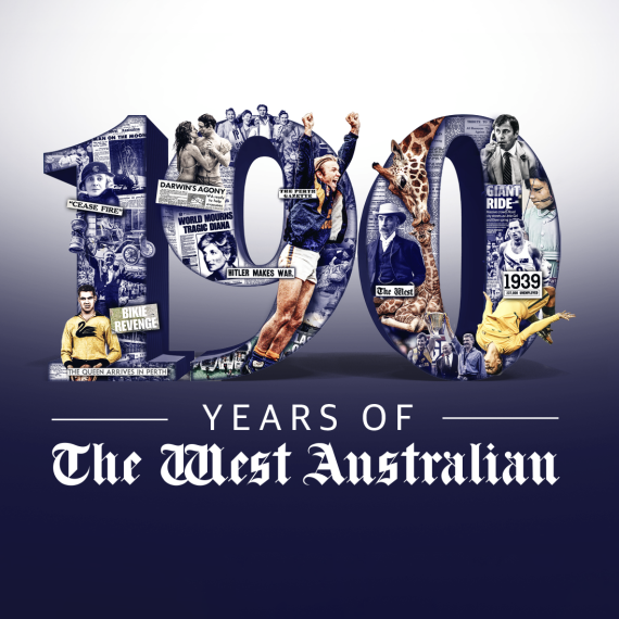 A dark blue to white gradient with the words 190 Years of the West Australian written over it. Within the bold lettering of the 190 lettering are historically significant figures and iconography to represent the newspaper's influence