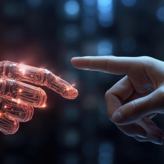 A human hand outstretches, with the index finger delicately touching the index finger of a robot's metallic hand which appears translucent, showing the networks of wires underneath. The image has a blue and purple colouring, as though creating a dramatic, futuresque atmosphere