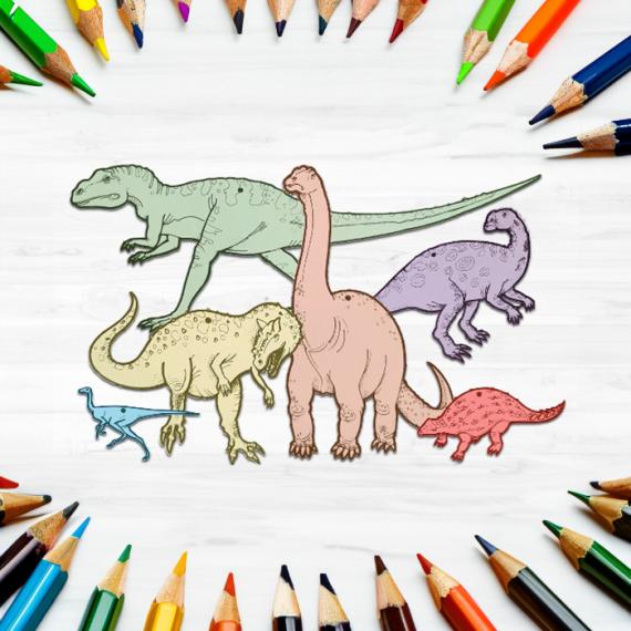 six paper images of dinosaurs coloured in different colours is in the middle of frame and on the top and bottom are coloured pencils pointing to the centre