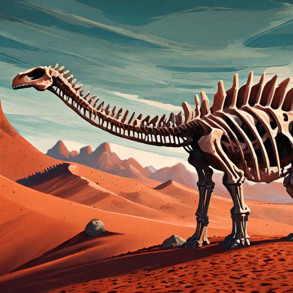A sauropod dinosaur skeleton stands in a red sandy desert beneath a teal and grey sky in a surreal style