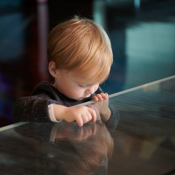 A toddler with sandy brown hair and a grey jumper looking down into a low glass display cabinet and rests his hands on the glass as he stares with interest at something inside.