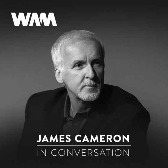 a man sits looking to the side with a pleasant expression. the words James Cameron In Conversation appear at the bottom of the image