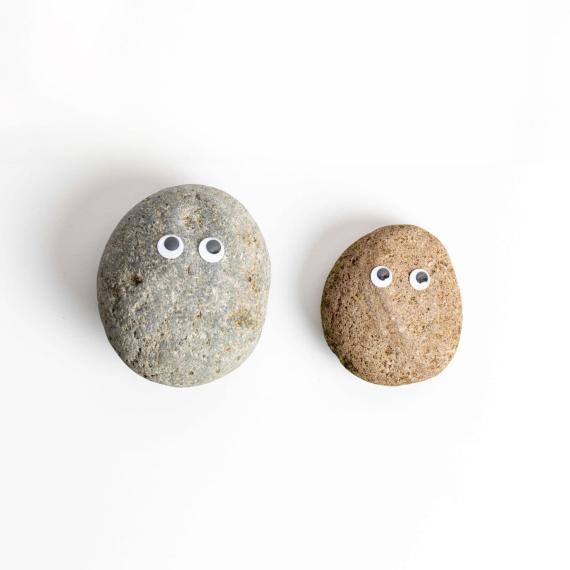 two smooth rocks have sets of eyes on them. they both sit on a white table 