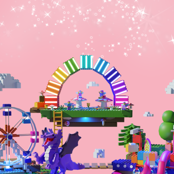 An animated scene with a pink background and items made from play bricks like clouds, ferris wheel, a rainbow, muchrooms, dragons and playgrounds