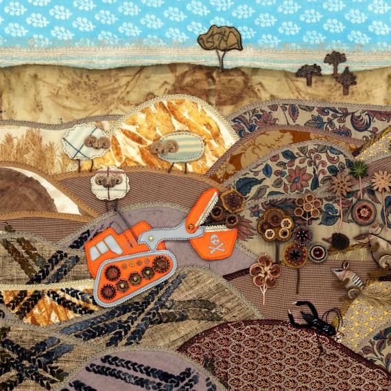 a collage of different material and mediums of a rural country scene with an excavator and sheep in the background