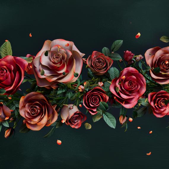 Red and pink toned roses with leaves flourish on a green textured background 