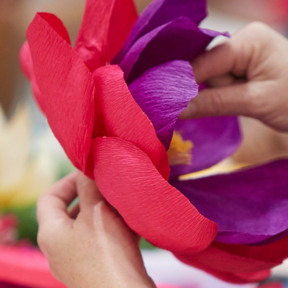 Detail view of hands crafting a paper flower.