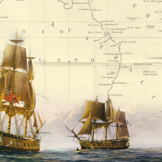 a drawing of two 19th century boats with a map of Australia in the bakground