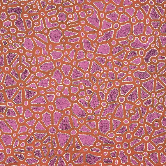 Bright pink and orange Aboriginal dot painting by Fred Grant, Puyartu 2008.