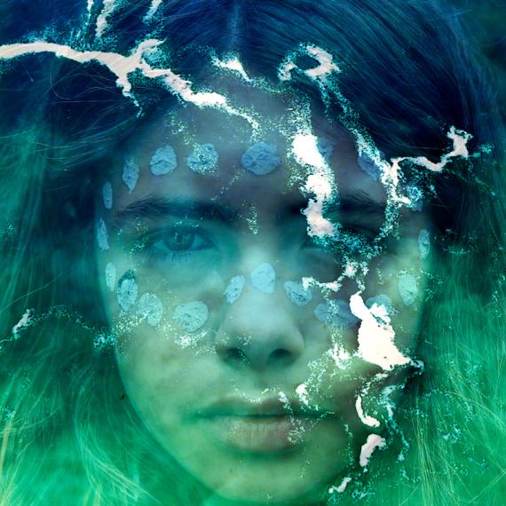 Young girl captured in a portrait, adorned with traditional face painting, layered with an aerial view of water, blending culture and nature in a single image.