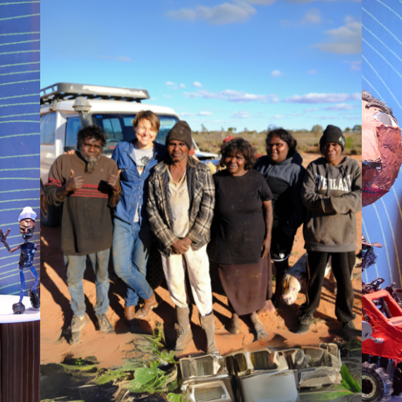  A group of people smiling while standing in front of a white four-wheel drive, set against the vibrant red dirt landscape of Australia.