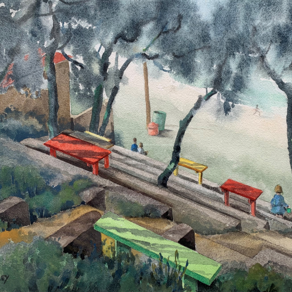 watercolour artwork depicting outdoor coloured benches on stepped down tiers amongst trees 