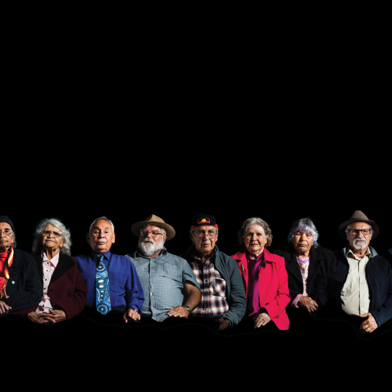 Ten Nyoongar elders in variously coloured clothing are pictured from their torso up superimposed on a black background 