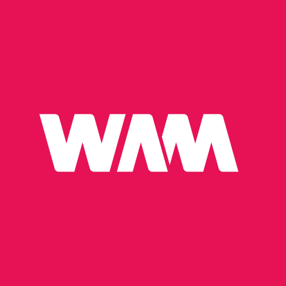 The letters WAM in white on a pink background