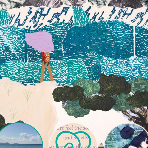 a mixed media artwork depicting a storm with  person walking 