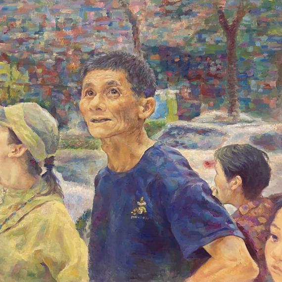 A group of five people looking upward in a colourful, textured painting.