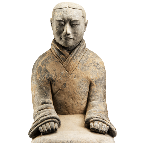Terracotta attendant seated with hands on knees