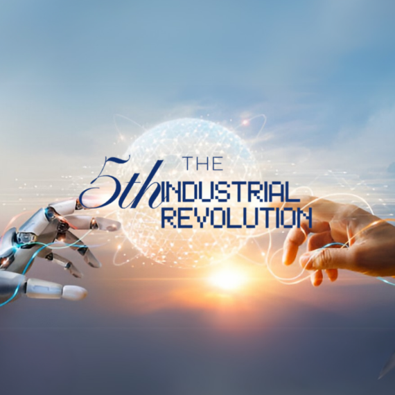 A promotional graphic for "A Night of Innovation" featuring robotic and human hands reaching toward a digital globe.